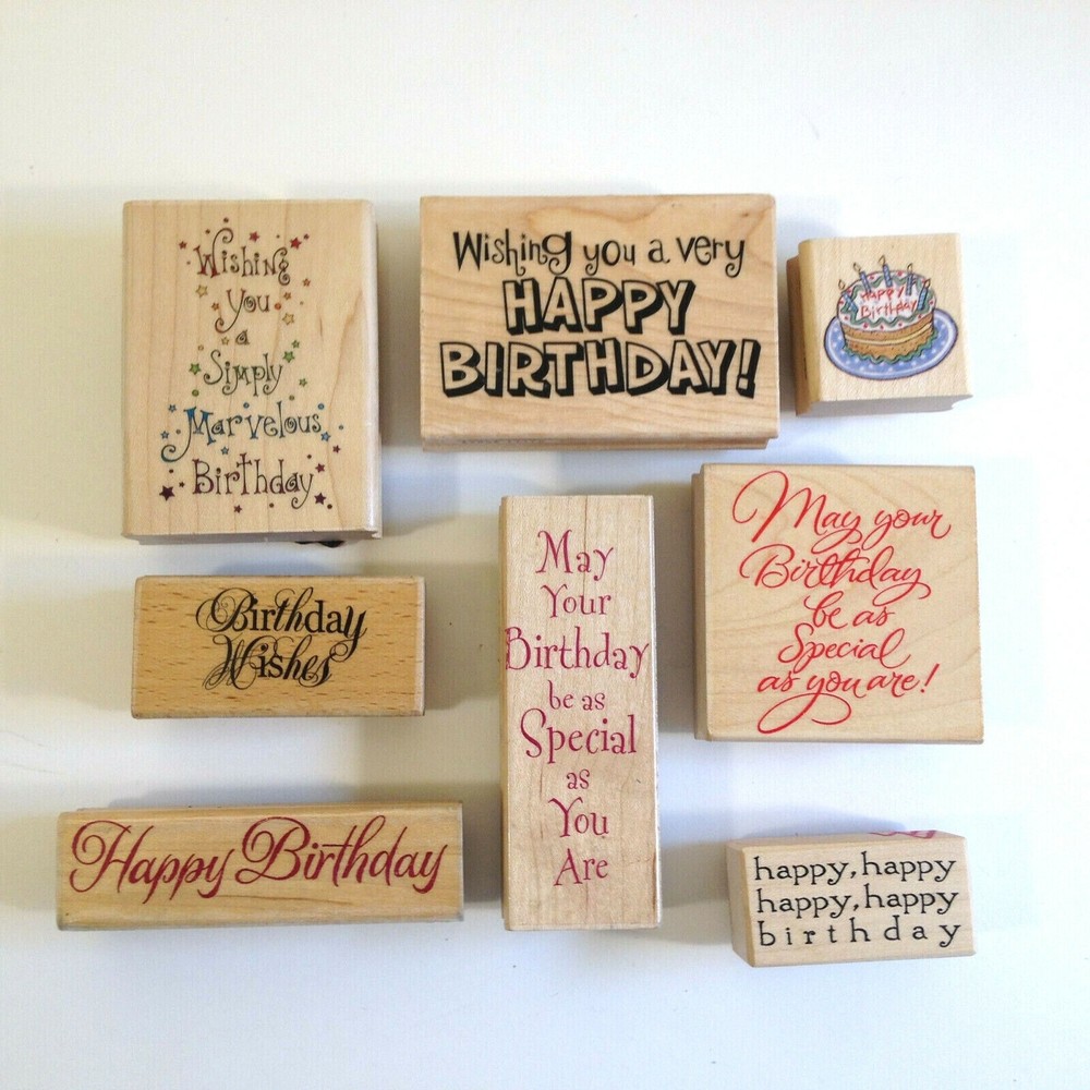 Wood Mount Rubber Stamp Set 8 Tags Happy Birthday Cake and More